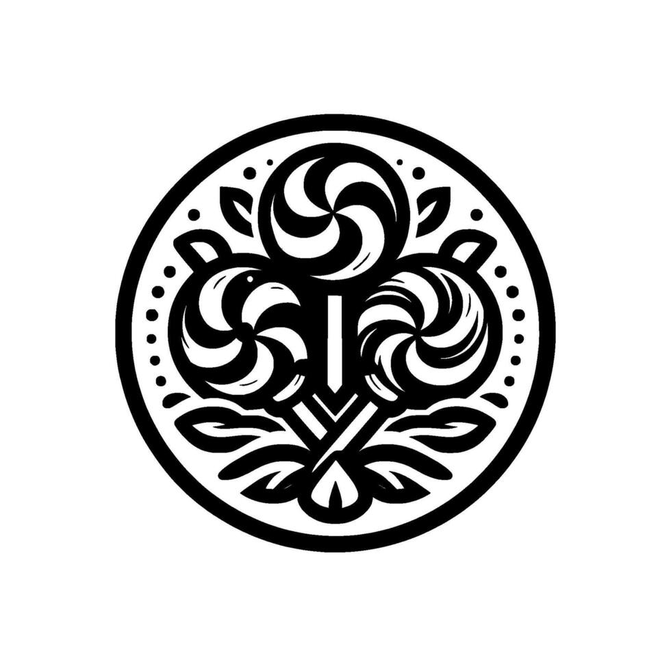 Black and White Circular of Three Swirling Lollipops, Decorative Leaves, and Border Embellishments, Illustration. vector