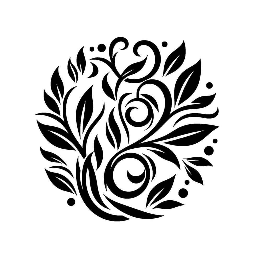 Circular Black and White Floral Pattern, Featuring Leaves, Vines, and Swirls, Creates an Elegant Decorative on a White Background. vector