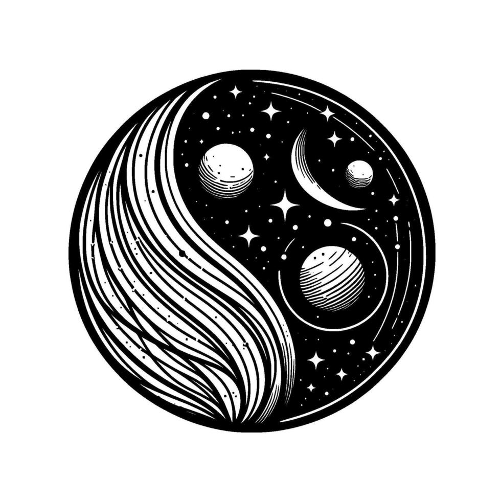 YinYang Cosmic Balance A stylized black and white illustration of space elements within a circular symbol of harmony and duality. vector