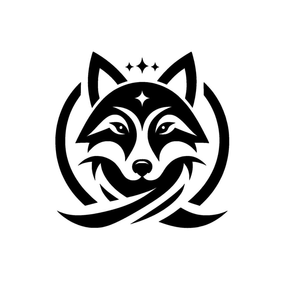 A sleek, stylized black and white wolf head with a circular frame and star details, exuding modern elegance, minimalist aesthetic, and an air of noble symbolism. vector