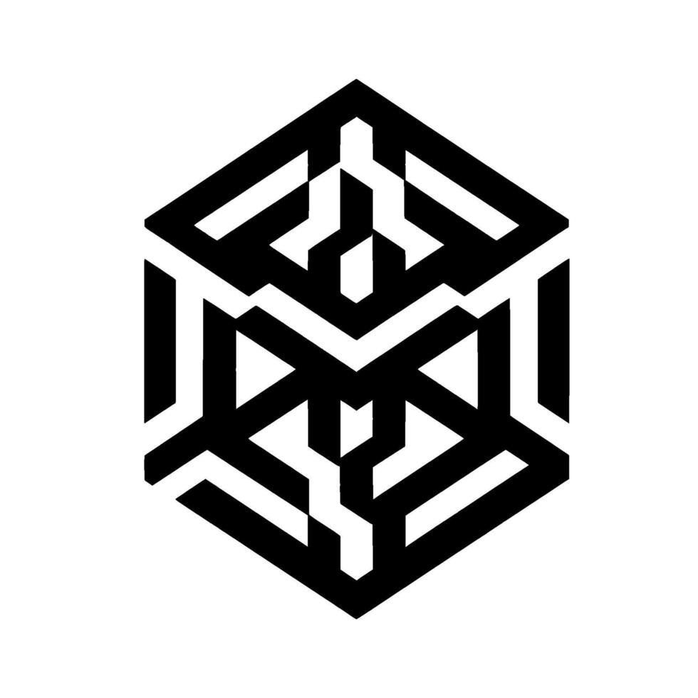 Abstract black and white optical illusion cube constructed from interlocking geometric shapes on a stark white background. vector