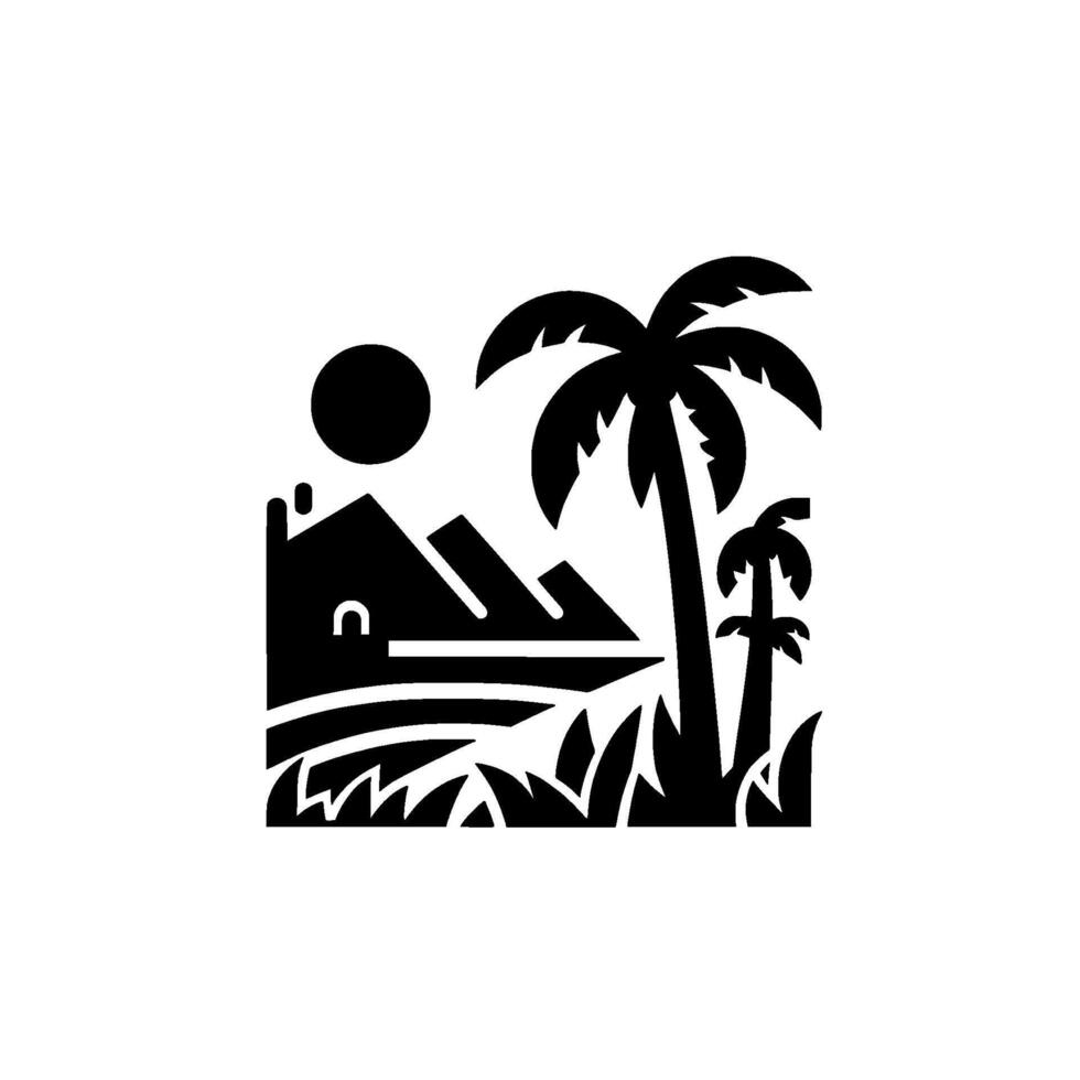 Black and white illustration of a tropical landscape featuring a house, mountains, palm trees, grass and sun. vector