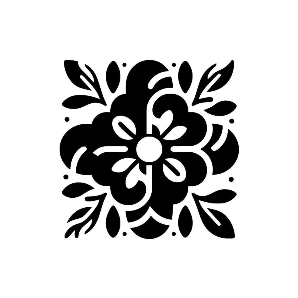 Symmetrical Black and White Floral with Leaves, Central White Circle, and Ornate Shapes in a Square Composition. vector