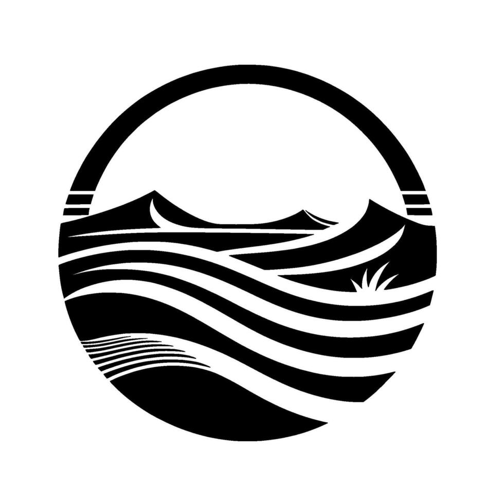Stylized Black and White Landscape in Circle Mountain and Wave Forms within a Minimalist vector