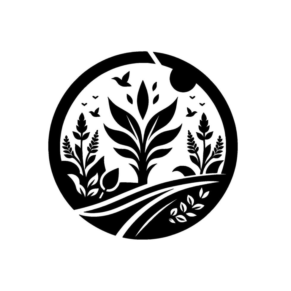 A stylized black and white circular illustration depicting a thriving agricultural landscape with stylized plants, birds, and a sun, symbolizing growth and natures abundance. vector