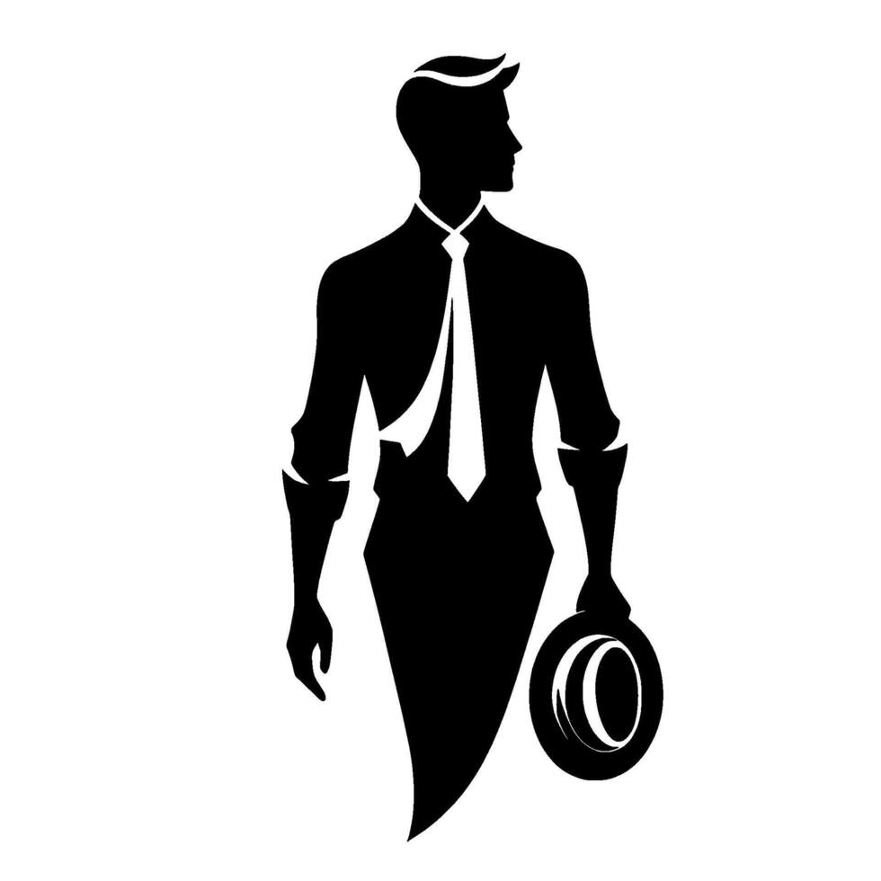 A silhouetted, elegant gentleman in formal attire, holding a hat, looking toward the side. vector