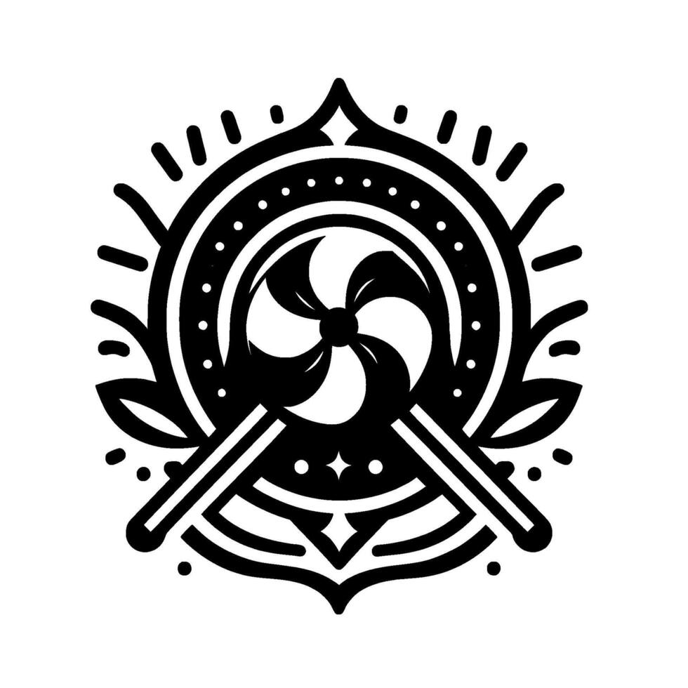 Bold black white emblem featuring a stylized drum with mallet cross, adorned with decorative circular details and leaf accents. vector