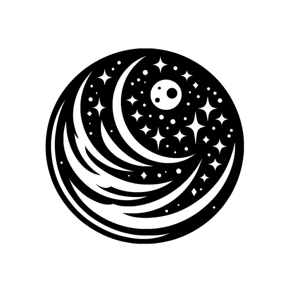 Stylized Celestial Sphere Crescent Moon, Stars, and a Full Moon in a Black and White Circular Composition. vector