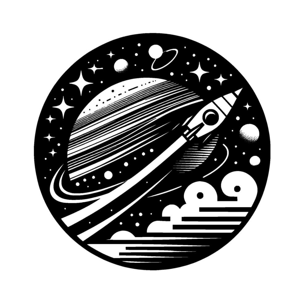 Retrostyle Black and White Space Illustration of a Rocket Launching from a Ringed Planet, Surrounded by Stars and Celestial Bodies within a Circular Frame vector