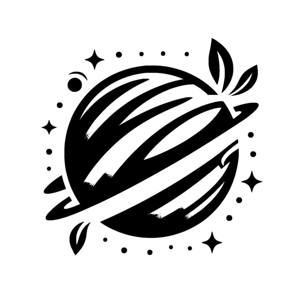 A monochrome illustrated planet featuring striped layers, a leaf embellishment, and cosmic stars and dots, a unique space logo. vector