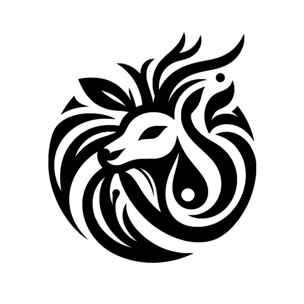 Minimalist Black and White Deer Head Within a Circle, Featuring Antlers, Leaves, and Elegant Fluid Shapes. vector