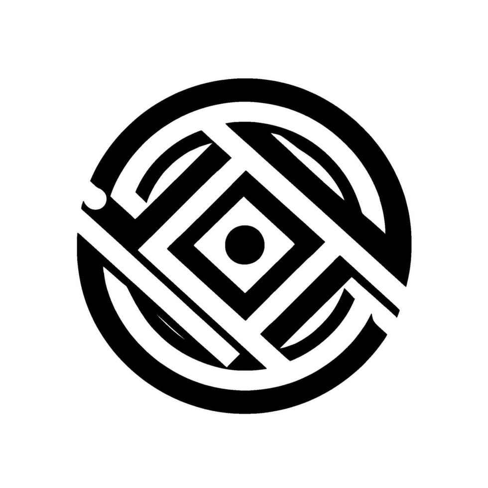 Geometric Optical Illusion Concentric circles and diagonal lines create complex layered black and white with square and circle elements. vector