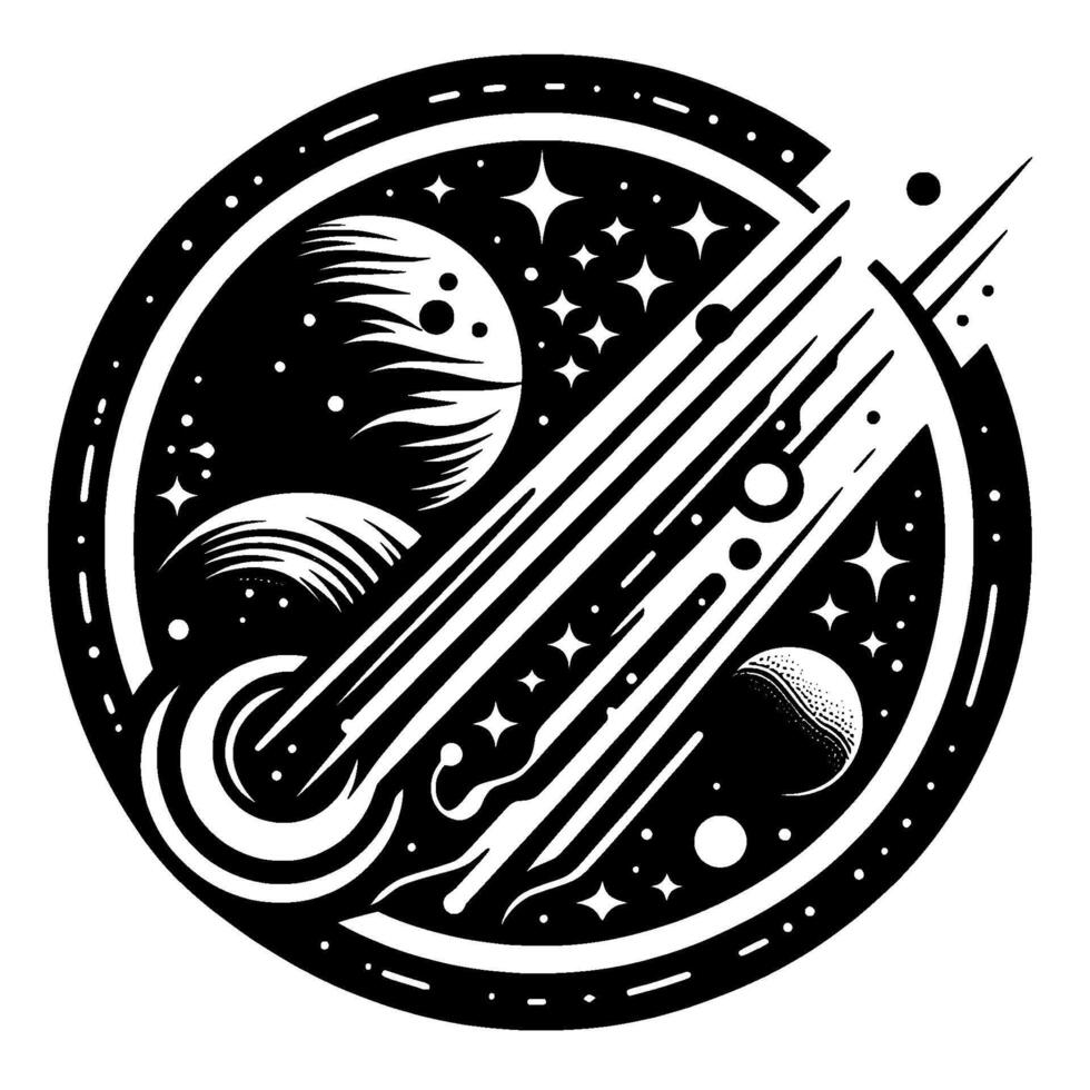 Stylized Black and White Space Emblem Planets, Stars, and Comet Trails Within a Circular Frame. vector