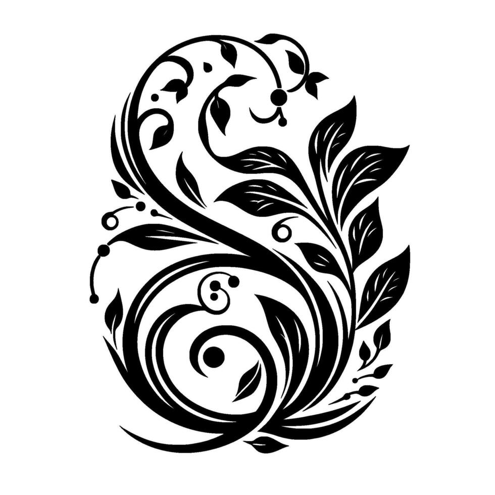 Elegant Black and White Floral with Swirls, Leaves, and Delicate Details on a Plain White Background. vector