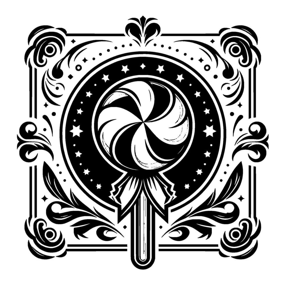 Ornate Black and White of Swirl Lollipop Surrounded by Flourishes, Stars and a Decorative Frame. vector