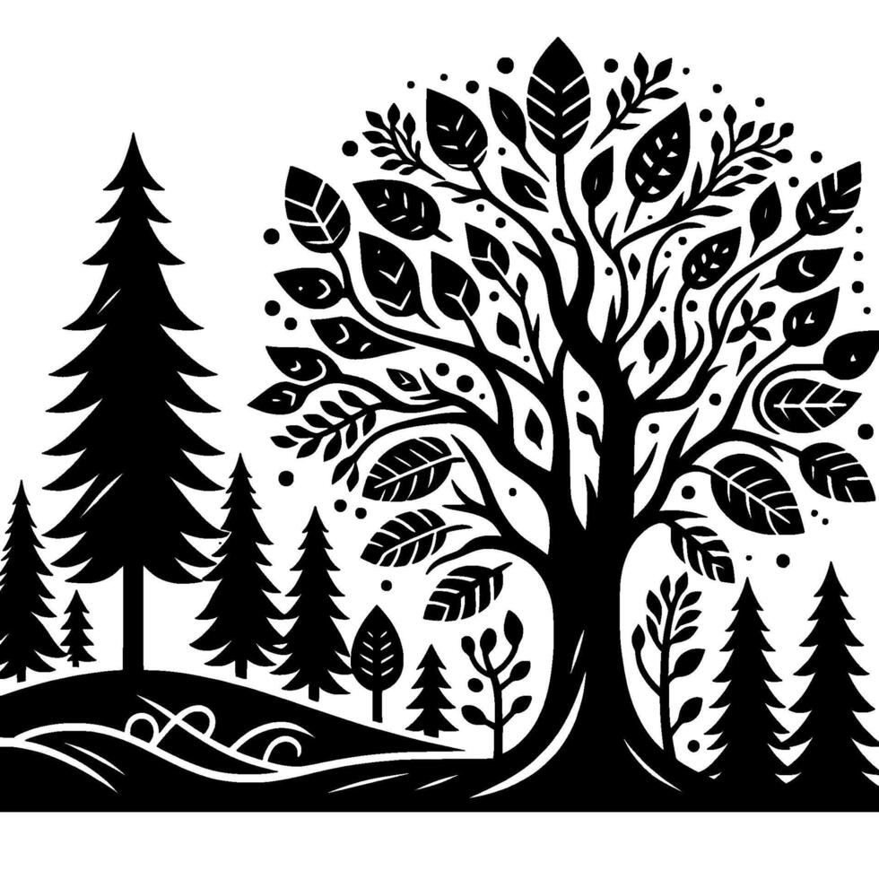 Black and white stylized illustration of a grand tree surrounded by smaller trees in a serene forest landscape, evoking a sense of natures harmony. vector