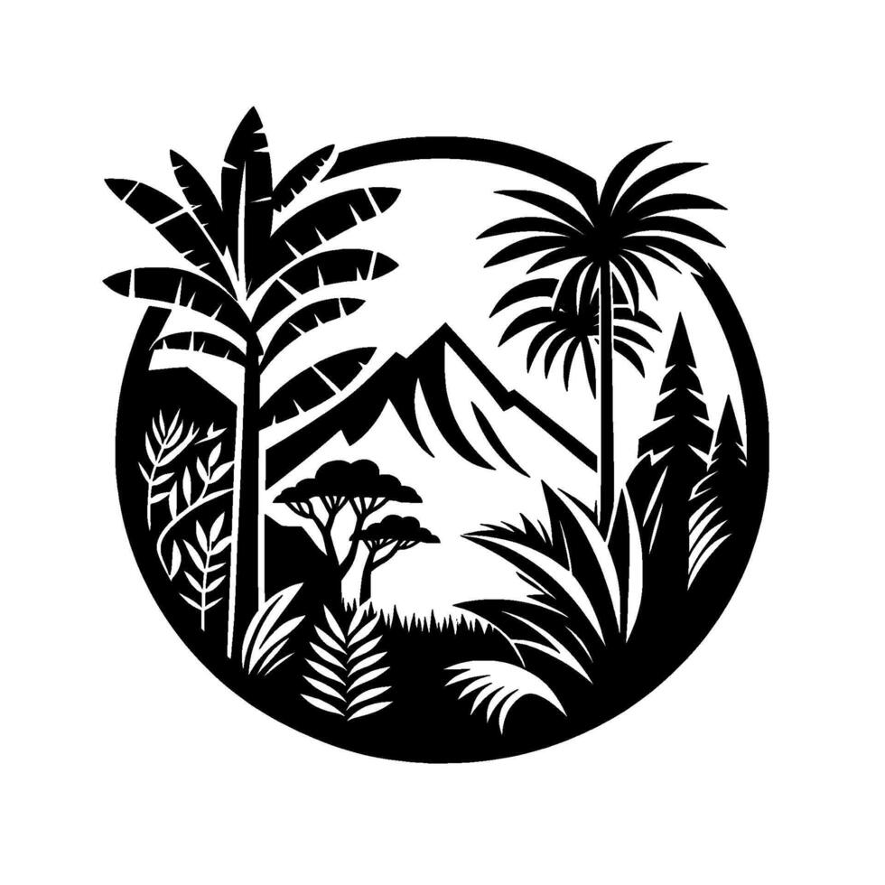Intricate Black and White Circular Landscape Palm Trees, Mountain Range, and Tropical Vegetation. vector