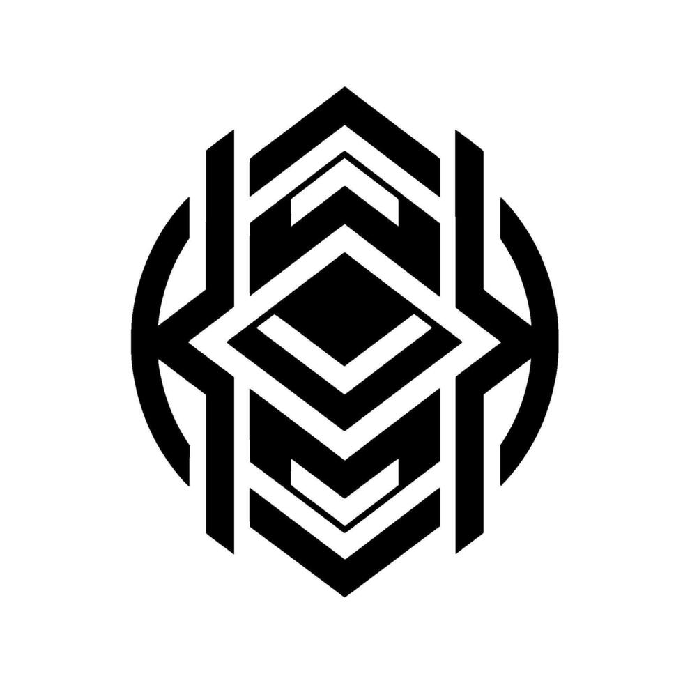 Geometric black and white featuring a hexagon with nested chevron shapes, framed within a circular outline. vector