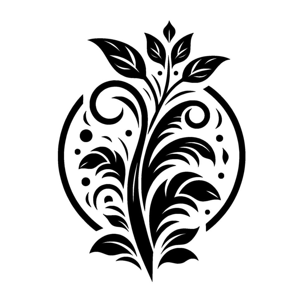 Intricate Black and White Floral Within an Oval Frame, Showcasing Detailed Leaves and Curlicues, Elegant and Decorative. vector