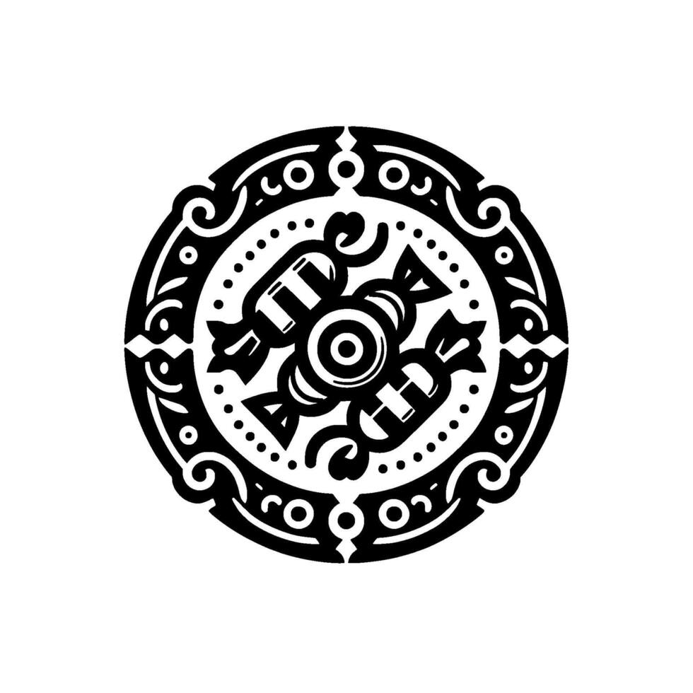 Intricate Black White Circular Ornament with Candy Motif, Dot Border, Detailed Decorative Design, Isolated on White Background. vector