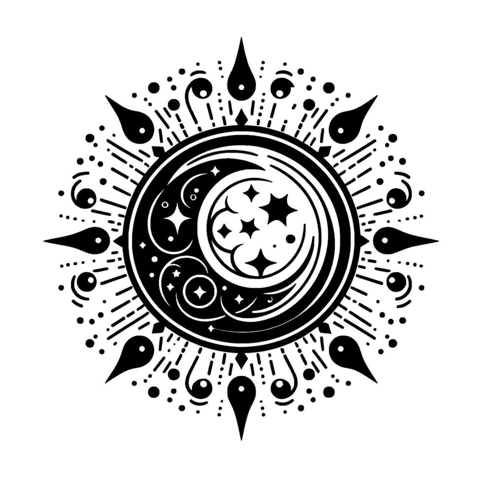 Intricate Black and White Celestial Mandala Moon, Stars, and Stylized Sunburst on White Background. vector