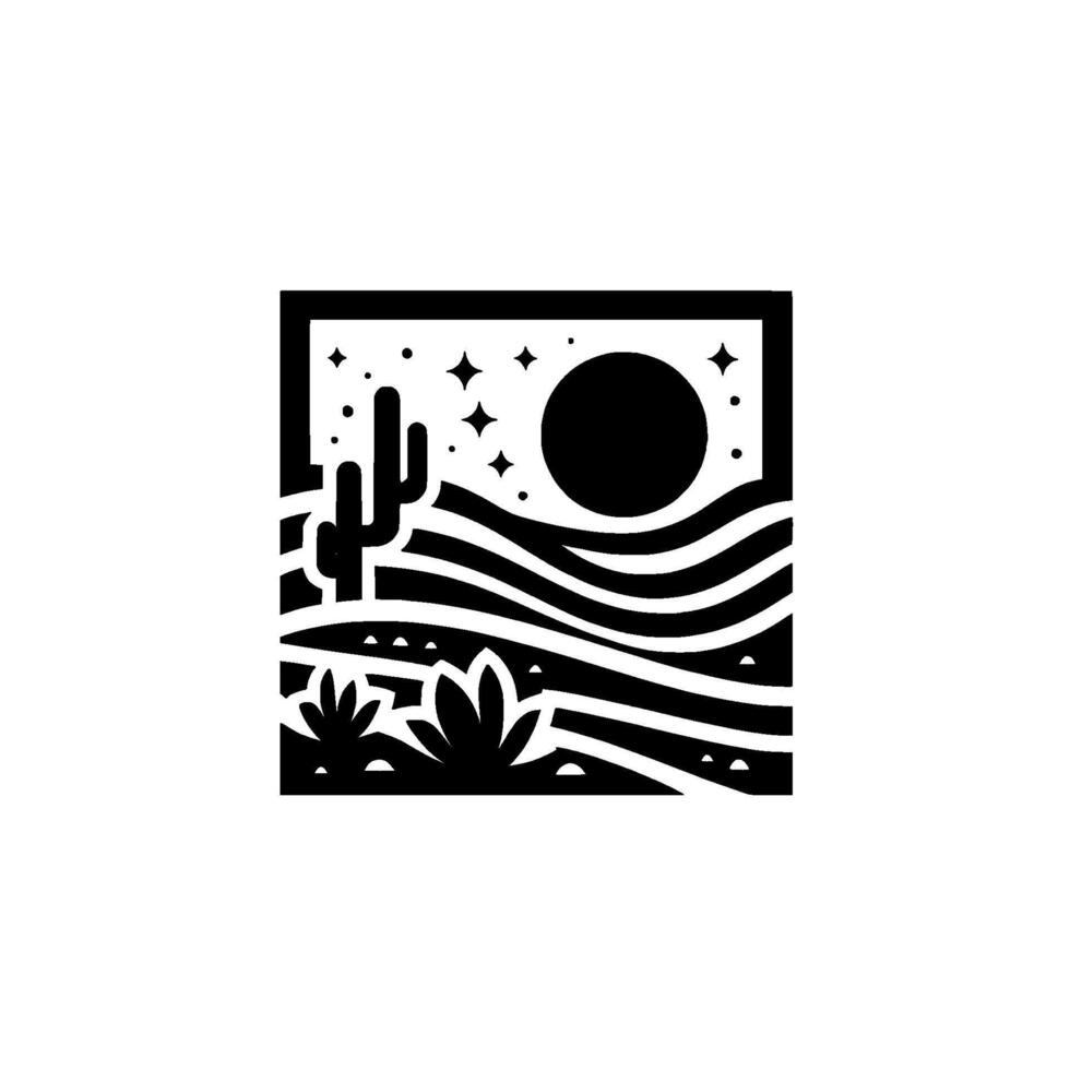 Minimalist black and white desert landscape illustration with cacti, stylized waves, a full moon, and starry night sky. vector