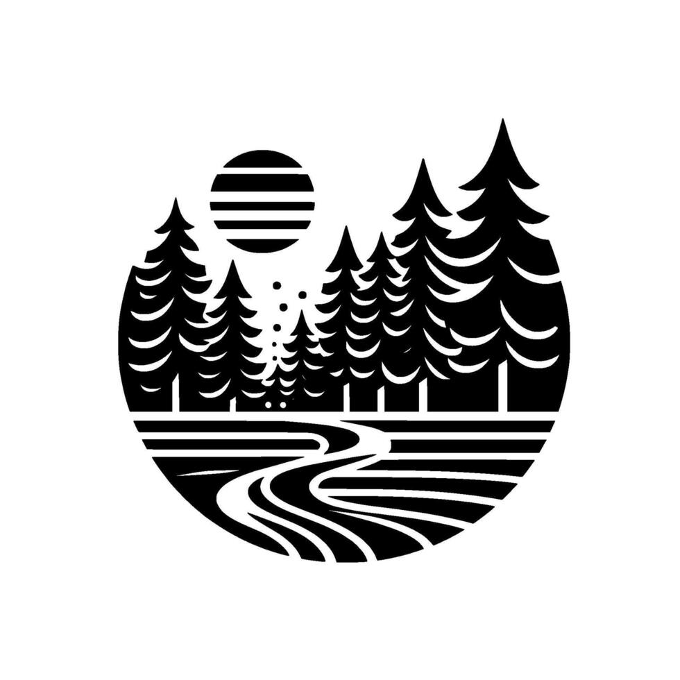 Silhouette circular landscape featuring a forest of pine trees, meandering river, and a striped sun, monochrome design. vector