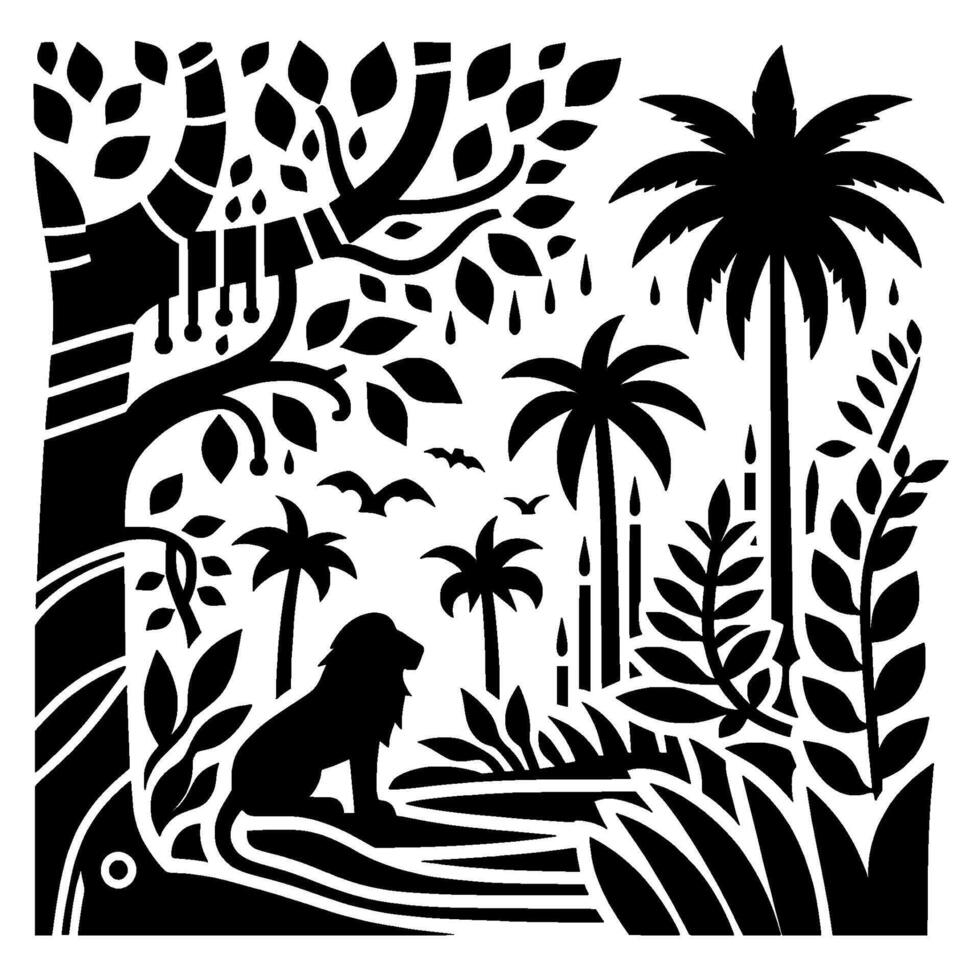 Silhouette of a lion in a jungle scene surrounded by lush vegetation, trees, and palm trees, featuring a minimalist black and white style. vector
