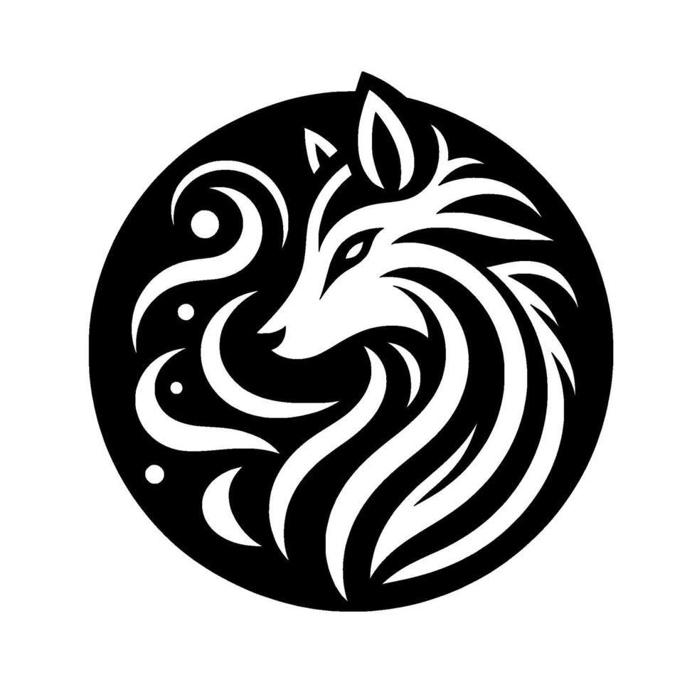 Striking Black and White Circular Silhouette A stylized wolf head intertwined with swirling decorative elements, exuding elegance. vector
