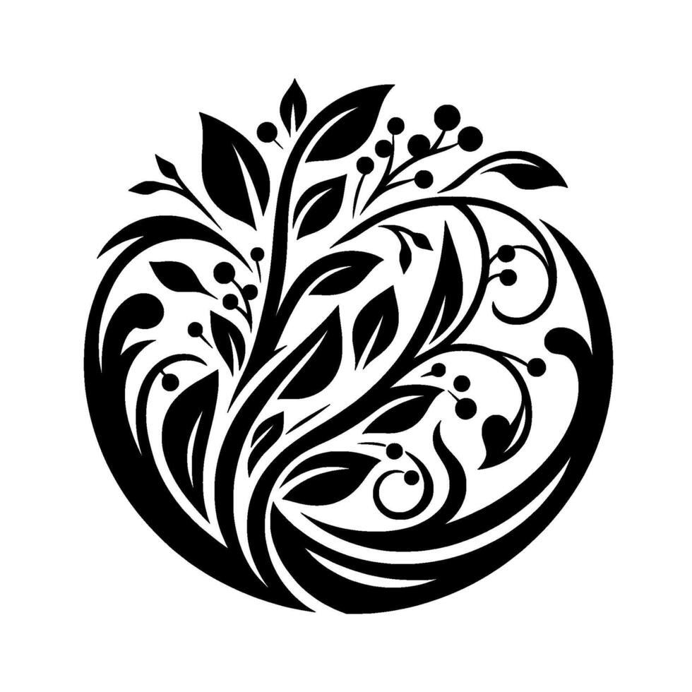 Black White Circular Design Floral Ornament, Featuring Leaves, Berries, Swirls, Isolated Against a White Background. vector