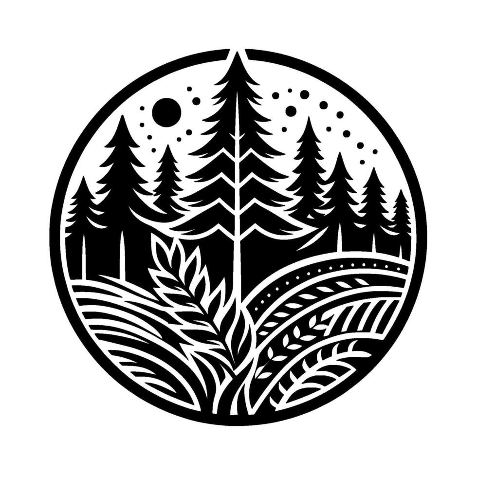 Minimalist black and white circular featuring a stylized forest scene with trees, foliage, moon, and dots, evoking nature and tranquility. vector