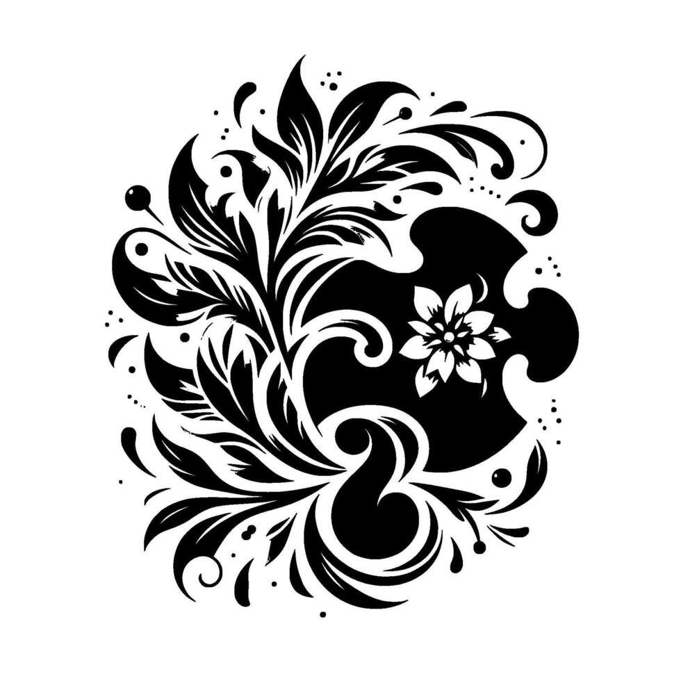 Elegant Black and White Floral Ornament with Flourishes, Leaves, and a Central Flower, Set Against a White Background. vector