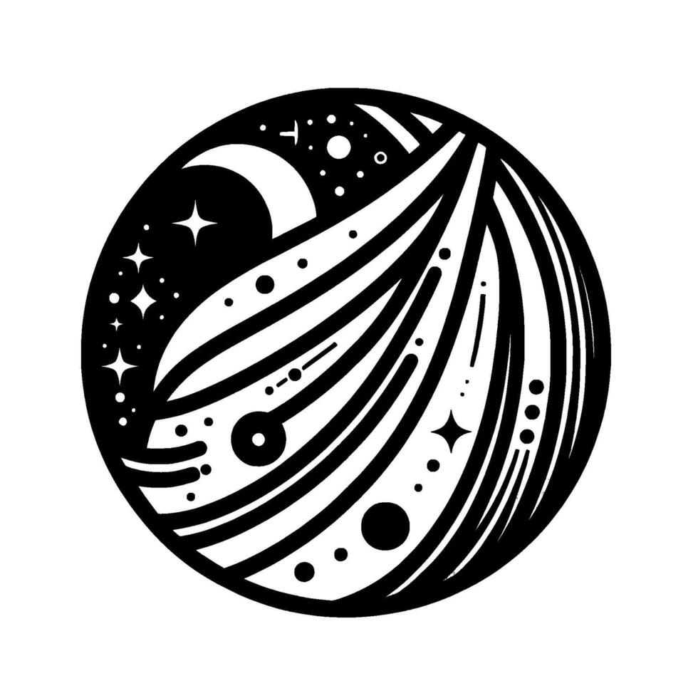 Black White Cosmic Crest A stylized emblem of celestial harmony, featuring a crescent moon, stars, and flowing lines within a circular frame. vector