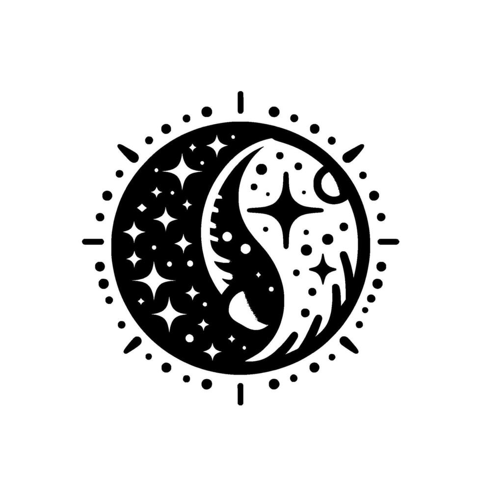 Symbolic YinYang Celestial Icon Starry Night Crescent Moon Embracing Balance within a Black and White Circular vector