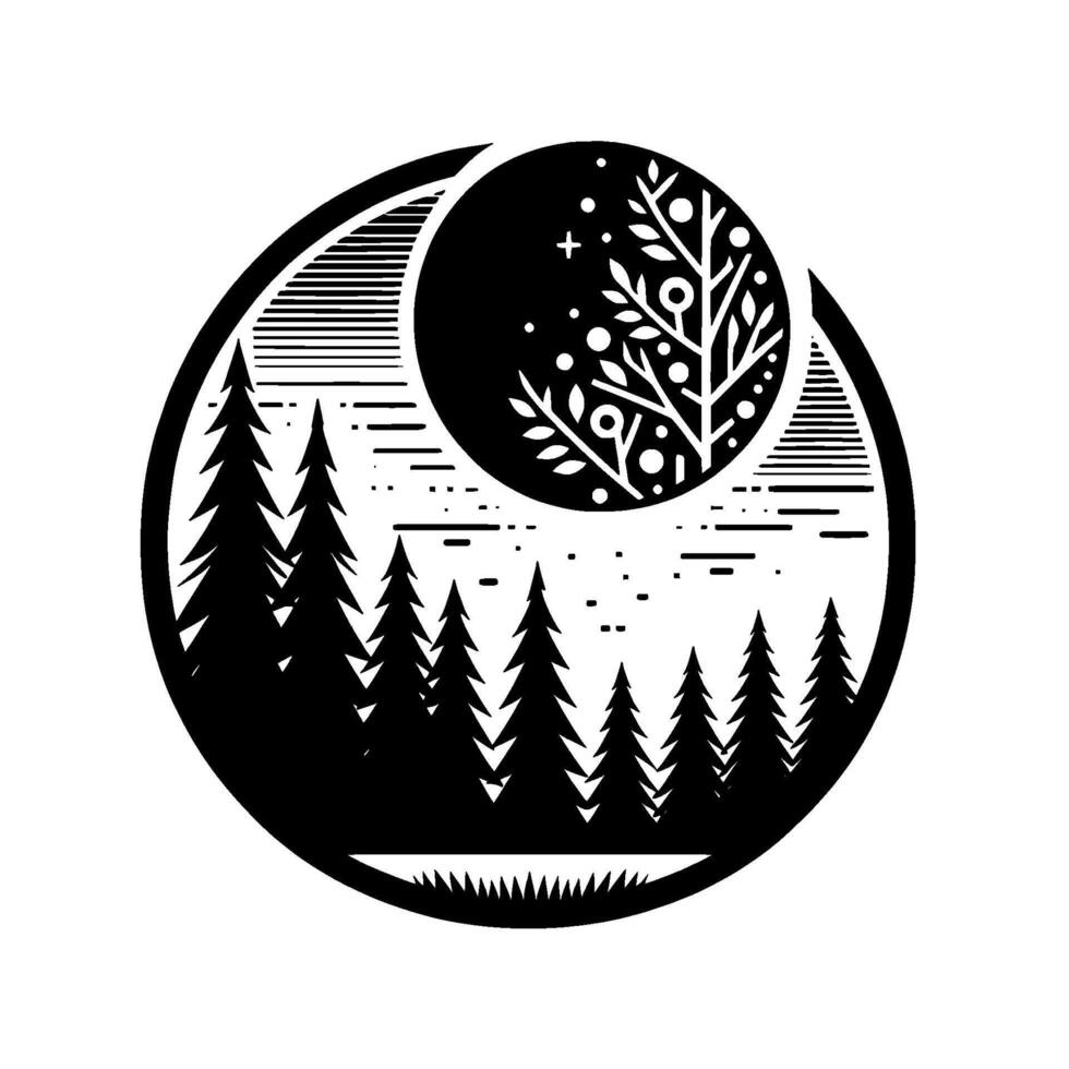 Black and White Circular Illustration of a Forest Landscape with a Moon, Trees, and Decorative Elements vector