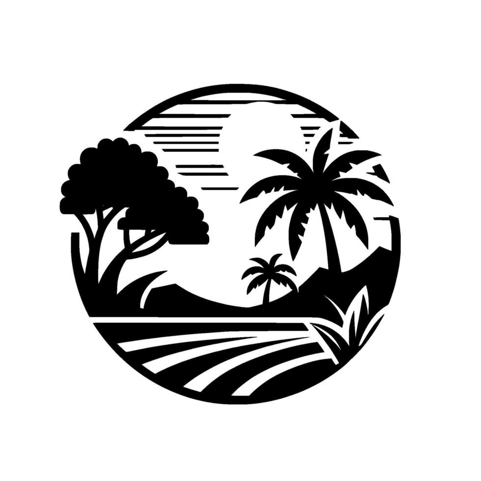 Circular, monochromatic landscape illustration featuring silhouetted trees, palm trees, fields, and a mountain range with a stylized sun. vector