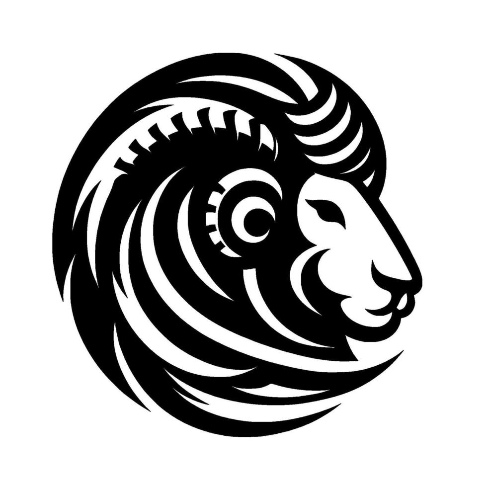 Bold Black and White Zodiac Aries Emblem Stylized Silhouette of a Rams Head, Intricate Design, Minimalist Composition. vector