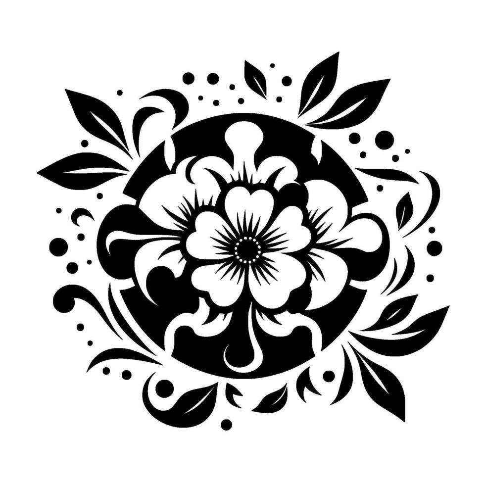 Black and White Floral Mandala An intricate circular featuring a central flower encompassed by petals, leaves, and dotted accents. vector
