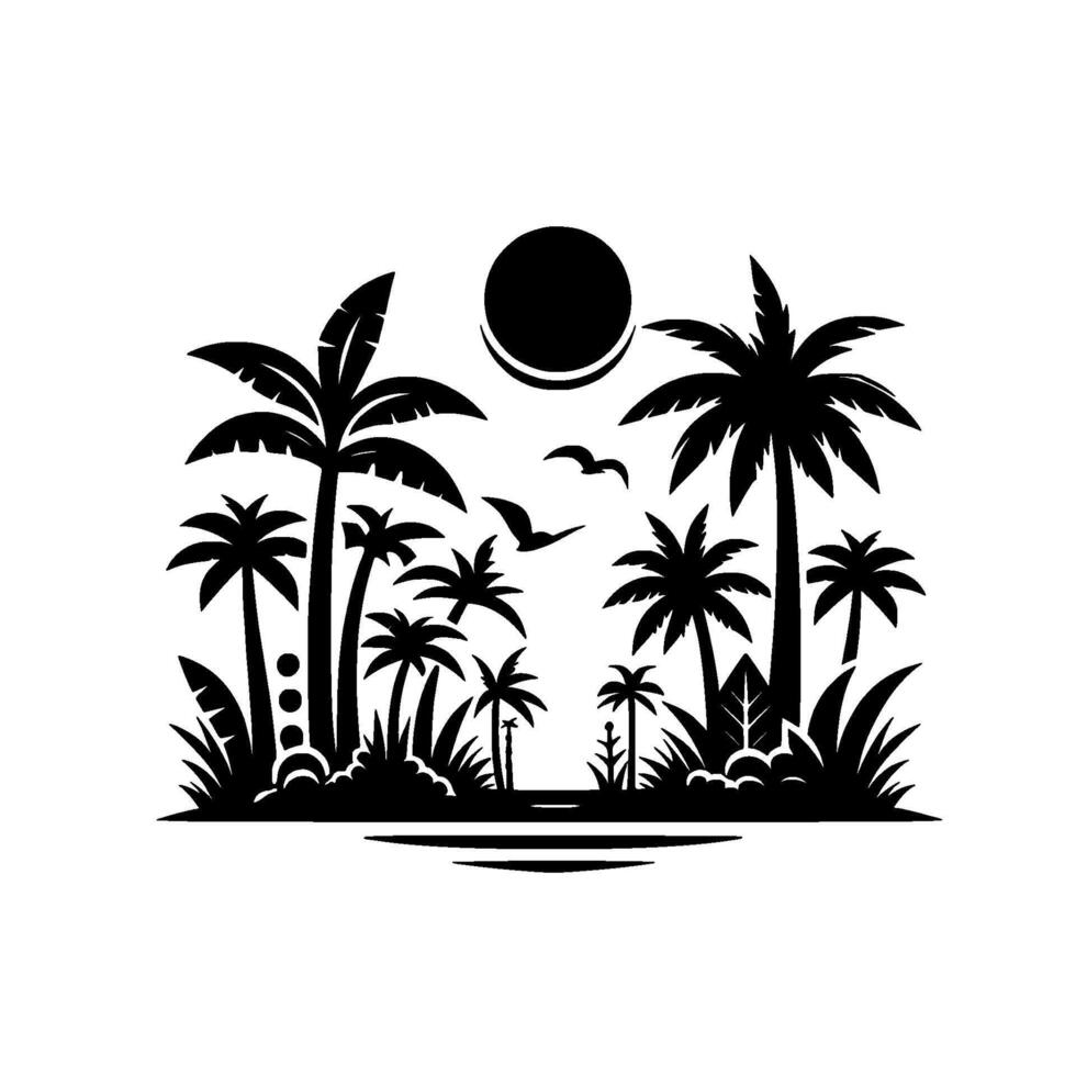 A monochrome silhouette illustration of a tropical island landscape featuring palm trees, a sun, birds, and coastal flora, creating a sense of peace and tranquility. vector