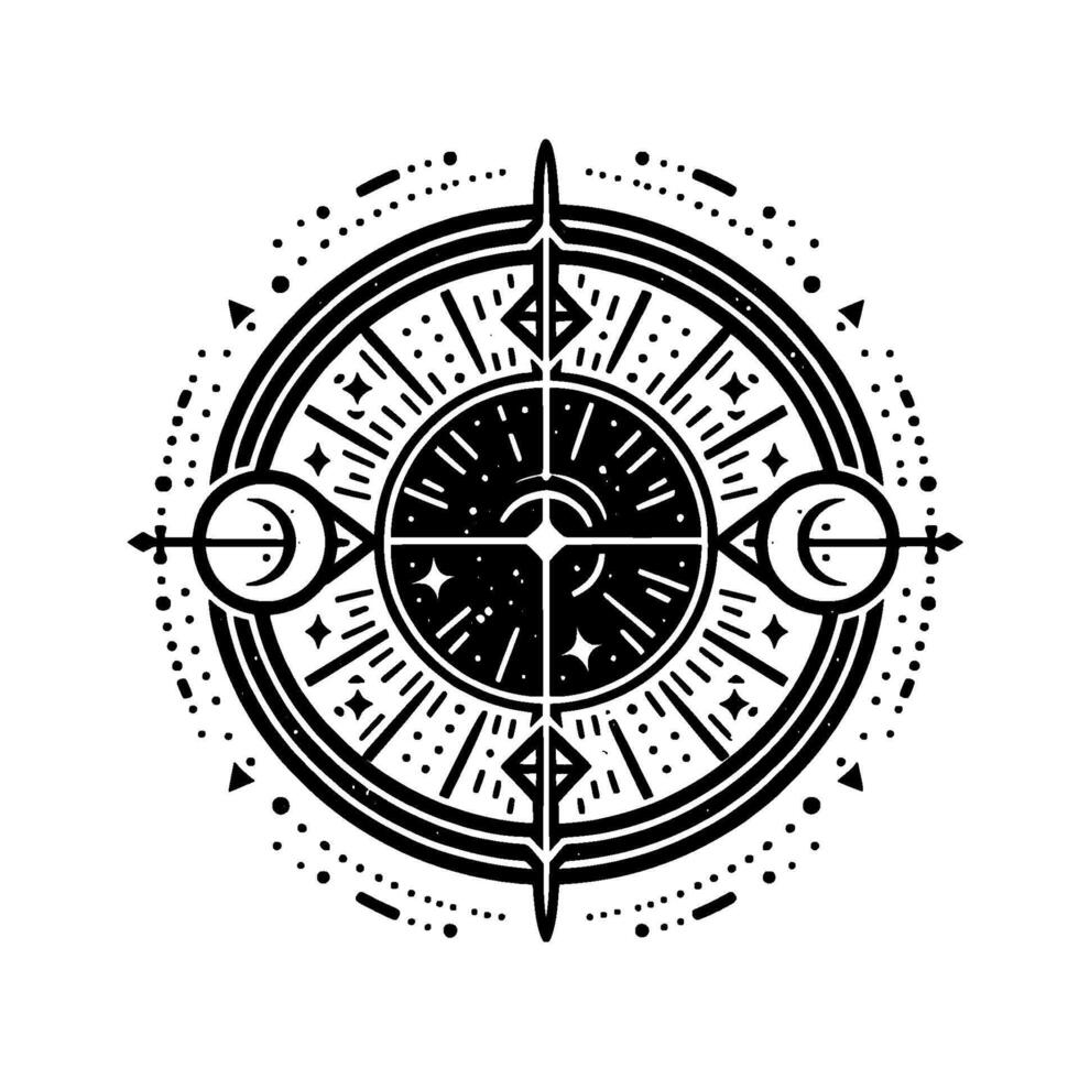 Intricate Celestial Compass A Black White Cosmic Illustration Featuring Moons, Stars, and Geometric Symmetry, Set Against a White Background. vector