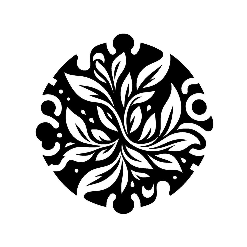 Abstract Monochrome Floral Mandala Design Intricate leaf arrangement within a circular frame, creating a balanced, symmetrical, and elegant black and white artwork. vector