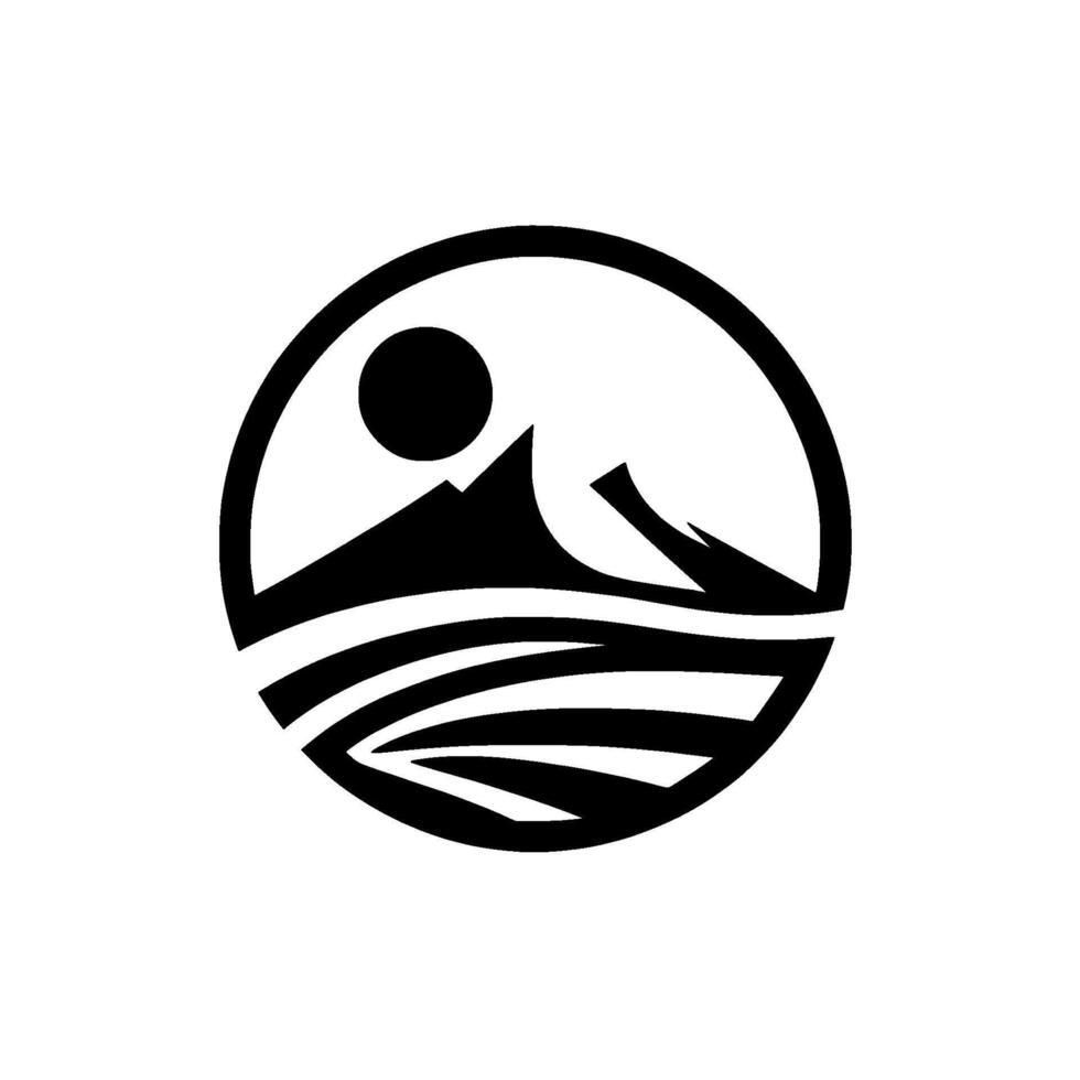 Bold Black and White Logo Mountain Peaks, Sun, and Water, Inside a Circular Frame. vector