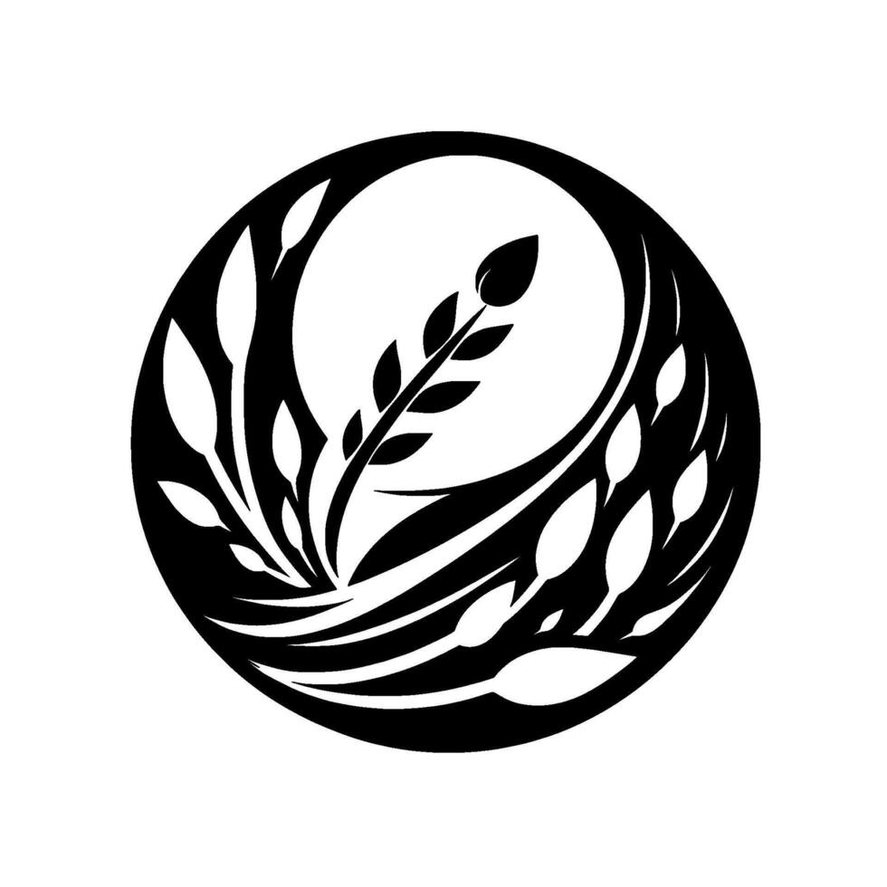 Circular Black White Botanical Illustration Central Floral Spike Surrounded by Stylized Foliage Within a Ring. vector