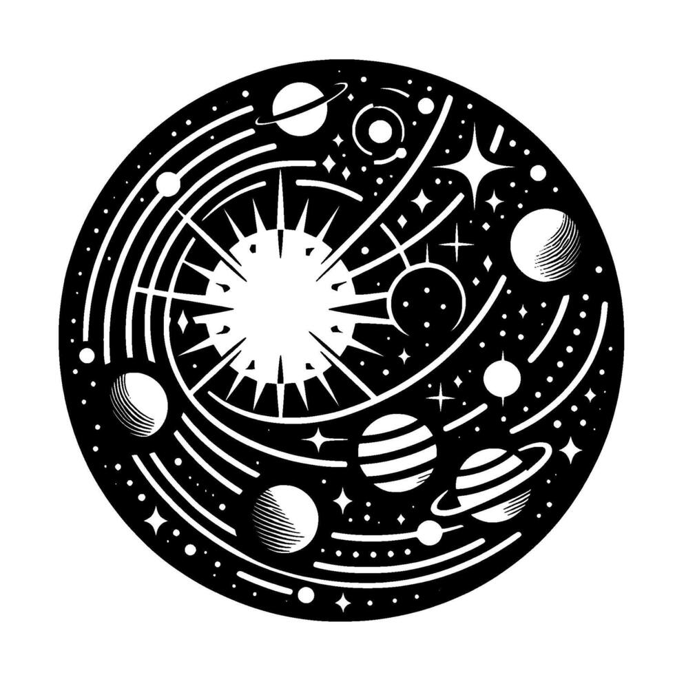 Stylized Celestial Diagram A Circular Black White Illustration Featuring a Radiant Sun, Planets, Asteroids and Stars in Orbital Paths. vector