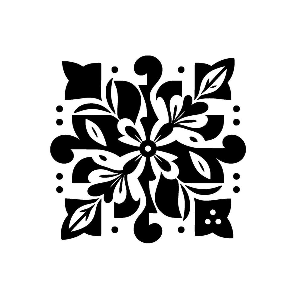 Symmetrical Black and White Floral Pattern with Dots and Geometric Accents on a Square Frame. vector