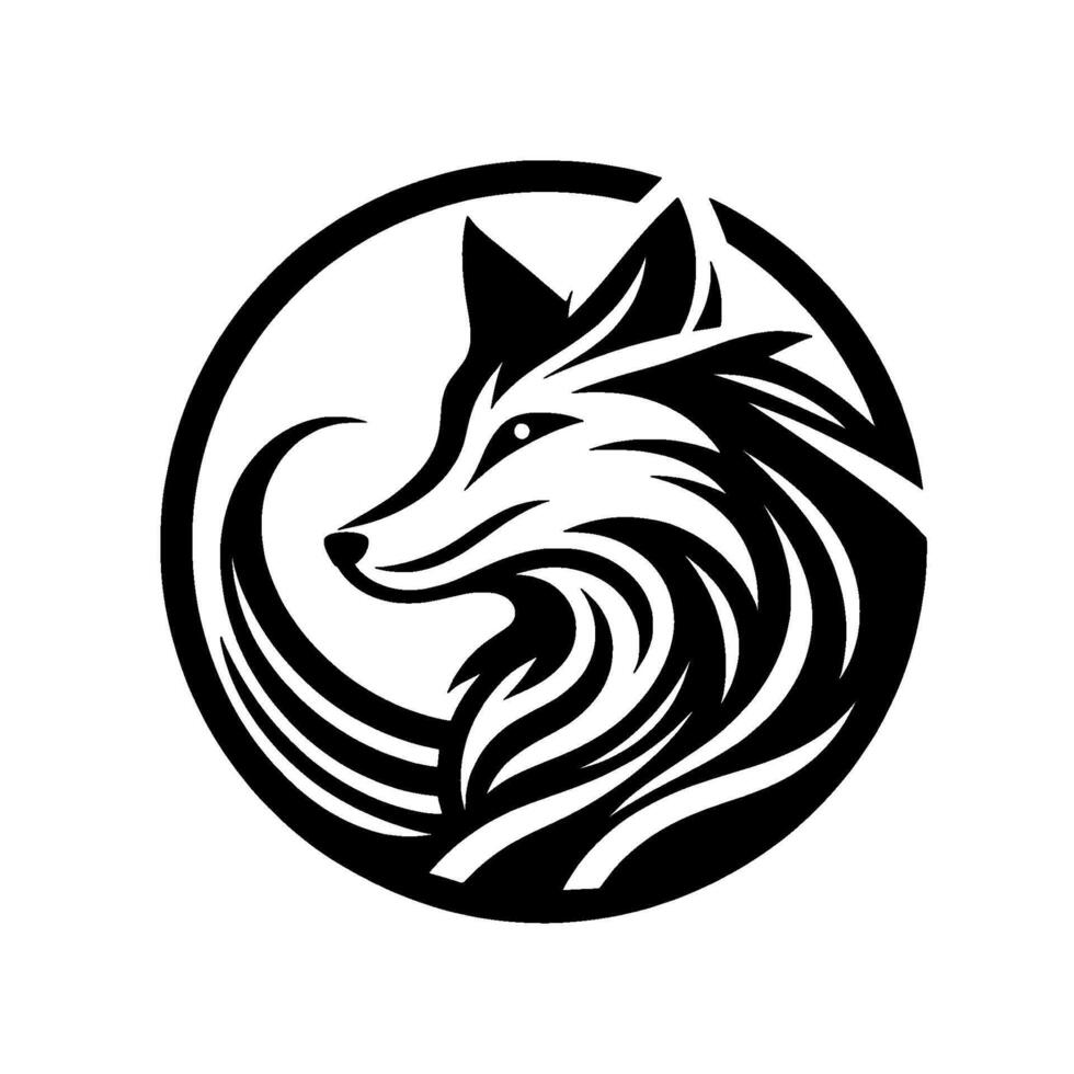 art emblem of a fox in profile, rendered in black and white, enclosed within a circular frame, showcasing intricate line work. vector