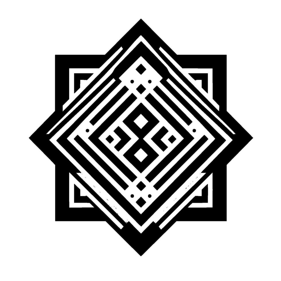 Geometric black and white eightpointed star with intricate patterns, stripes, and squares on white background, creating symmetrical design. vector