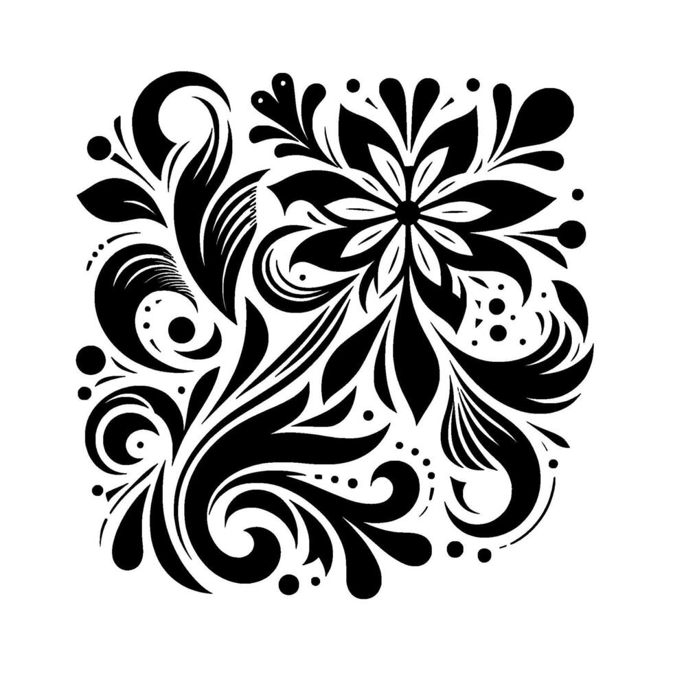 Symmetrical Black and White Floral Pattern with Swirls, Leaves, and Dot Details on a Clean White Background. vector