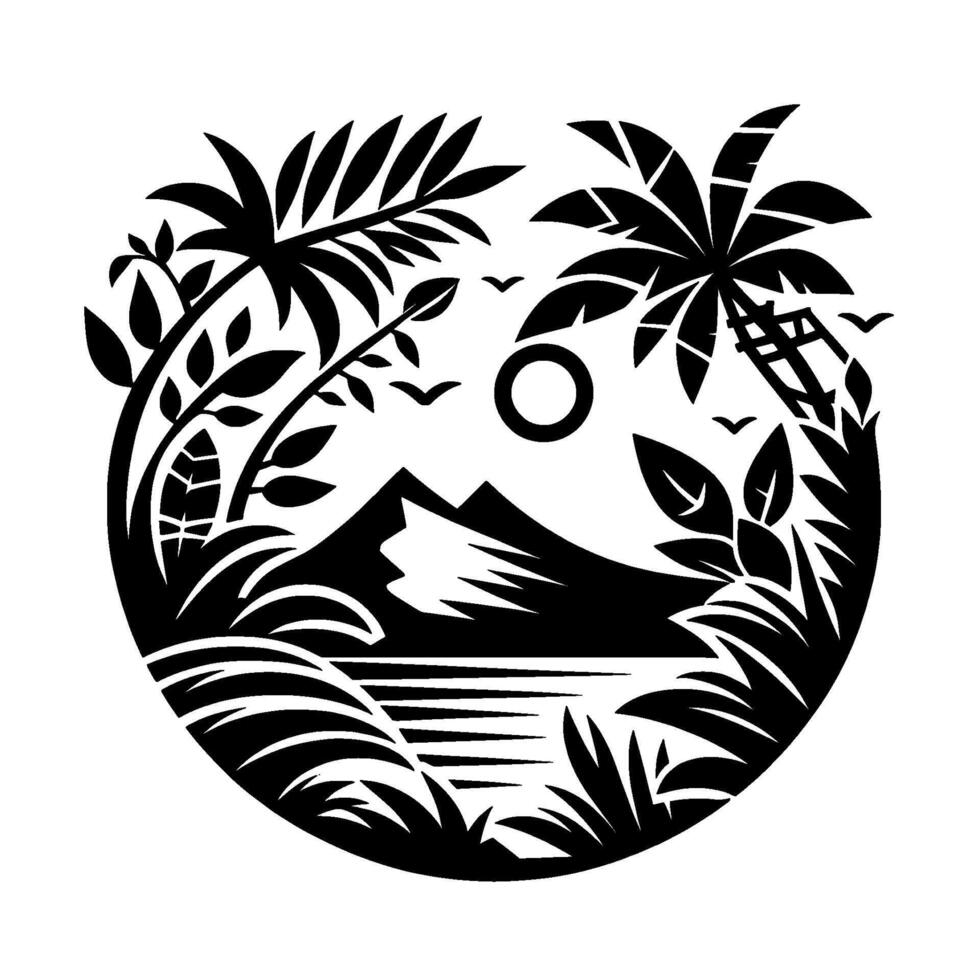 Silhouette of a tropical island landscape in a circular frame, featuring palm trees, mountains, ocean, sun, and birds, rendered in a minimalist black and white style. vector