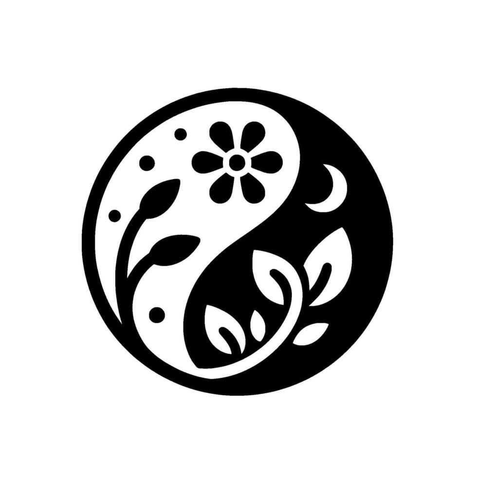 Yin Yang Circle Harmony Botanical Black and White Composition with Moon, Flower, and Leaves Balancing Elements. vector